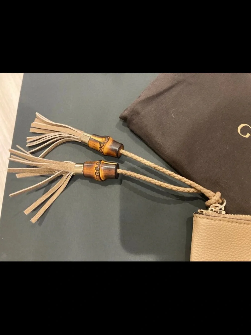 Gucci Tan Pebbled Leather Tassel Wristlet Pouch
